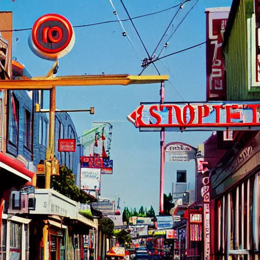 Image similar to award winning photo by fred herzog of a street in vancouver, shops, signs