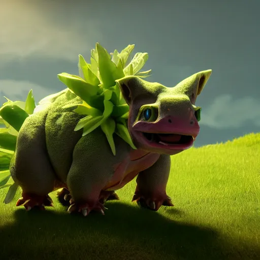 Image similar to photography of a realistic ivysaur animal, ultra detailed, 8 k, cinematic lighting, natural background, trending on artstation, pokemon