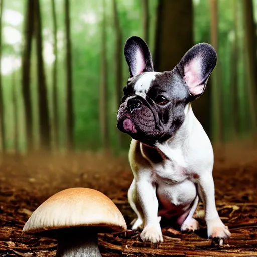 Image similar to french bulldog wearing round goggles sitting on a mushroom in a forest, hyper realistic, HD, HQ, photo realistic