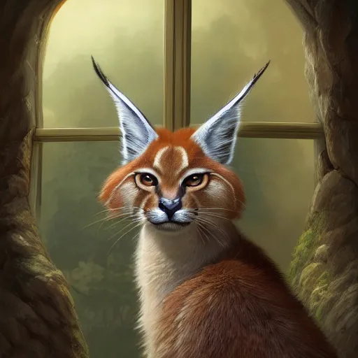 Prompt: highly detailed portrait painting of cute fluffy caracal, mono eye window, by eddie mendoza and tyler edlin, 8 k resolution