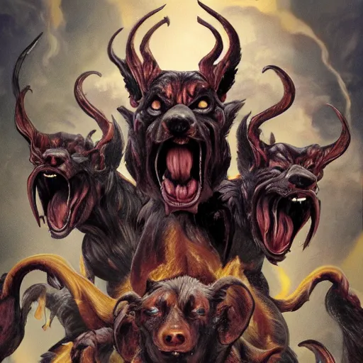 Image similar to Drooling Cerberus standing at the gates of hell. High quality.