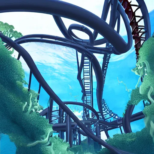 Image similar to underwater roller coaster, photorealistic, detailed