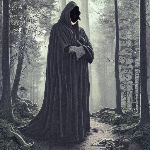 Prompt: portrait of a man in a long flowing hooded cloak and a skull mask on a path of a dark forest, ray traced lighting by Gerald Brom and Norman Rockwell