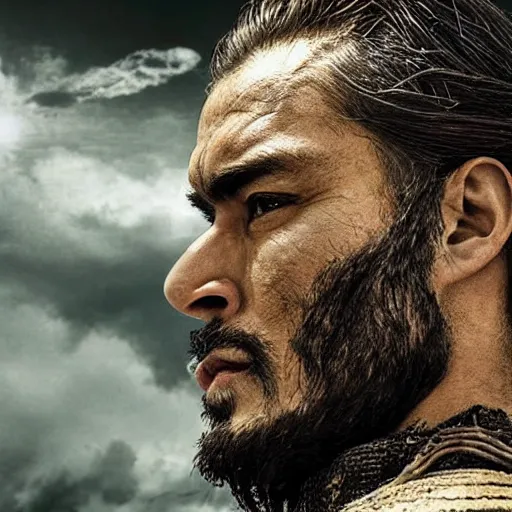 Image similar to handsome and strong kurdish!!!! samurai in a movie directed by christopher nolan, movie still frame, promotional image, imax 7 0 mm footage, perfect symmetrical facial features