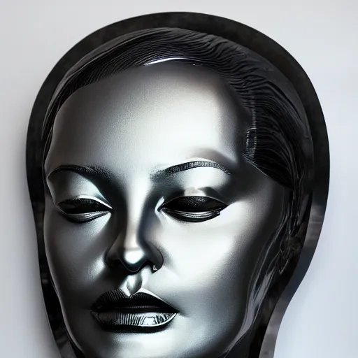 Image similar to 3 d sculpture made of liquid metal by zaha hadid enveloping a realistic female face, white background