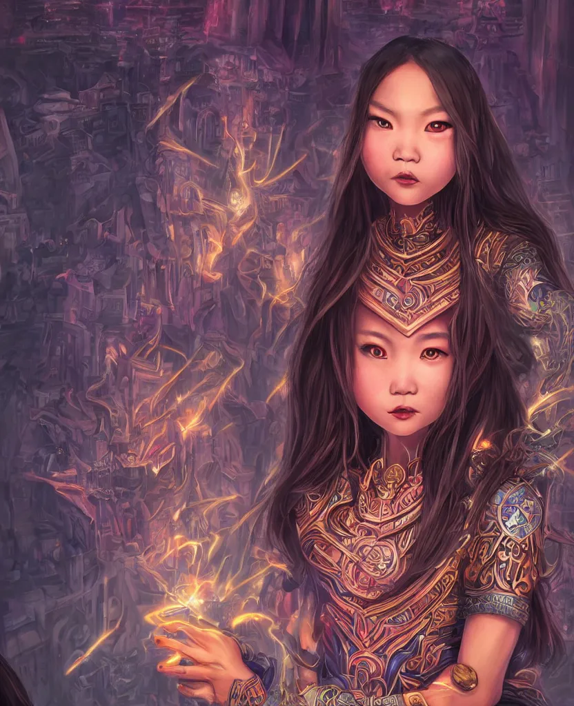 Image similar to amazing portrait of dark magician asian girl, cheeky smile, glowing eyes, intricate details, colourful, atmospheric light, ominous ancient city on the background, dark fantasy, ultra realistic details, detailed face, artstation, illustration, only one character, symmetrical, by małgorzata kmiec