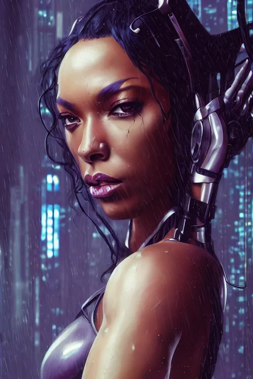 Image similar to cyberpunk Normani as aeon flux profile picture by Greg Rutkowski, dynamic pose, intricate, futuristic, fantasy, elegant, by Stanley Artgerm Lau, greg rutkowski, thomas kindkade, alphonse mucha, loish, norman Rockwell, metal chrome, shiny, rainy background, asymmetric, afro hair,