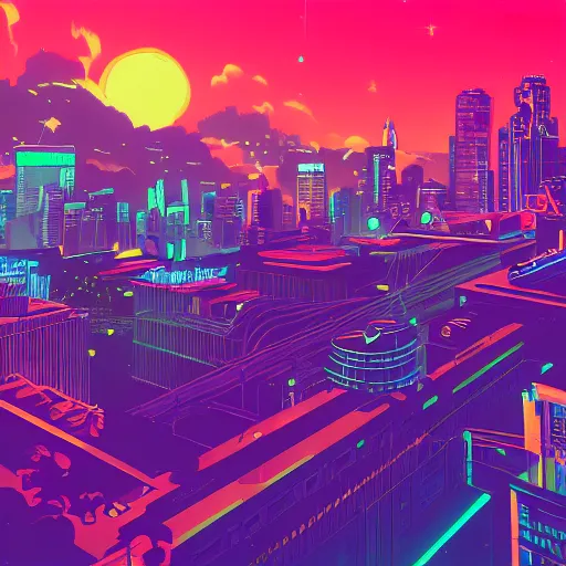 Image similar to comet over city, night sky, synthwave, trending on artstation