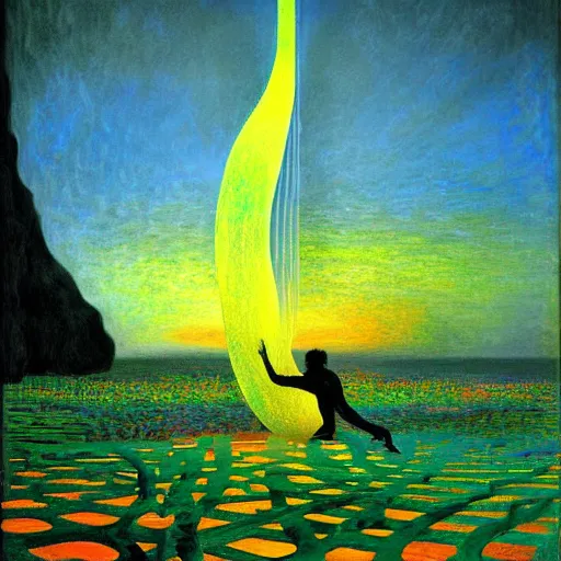 Image similar to A climber that codes A.I. - award-winning digital artwork by Dali and Monet. Stunning lighting