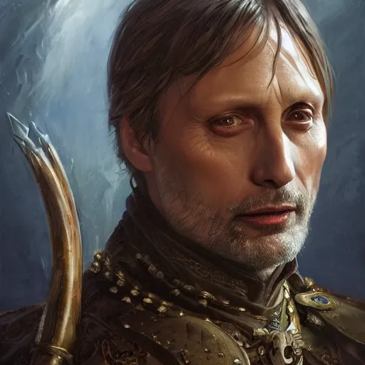 Image similar to Mads Mikkelsen as a fantasy D&D character, portrait art by Donato Giancola and Bayard Wu, digital art, trending on artstation, 4k