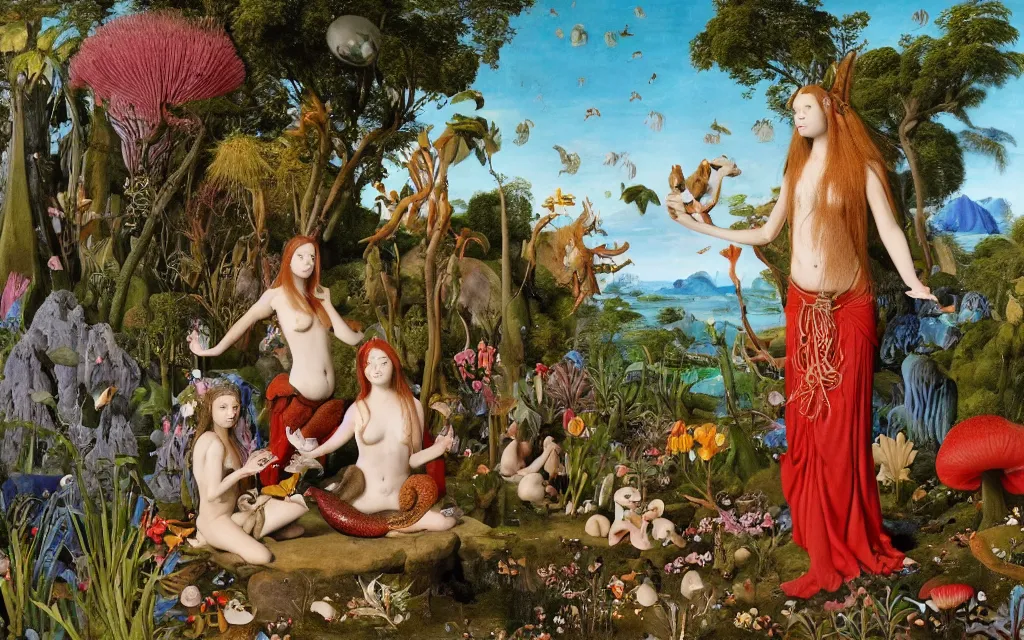 Prompt: a portrait photograph of a meditating mermaid shaman and a centaur monk feeding tropical animals at a wide river delta. surrounded by bulbous flowers, animals, trees and mushrooms. mountain range under a vast blue sky of burning stars. painted by jan van eyck, max ernst, ernst haeckel and artgerm, cgsociety, artstation, fashion editorial