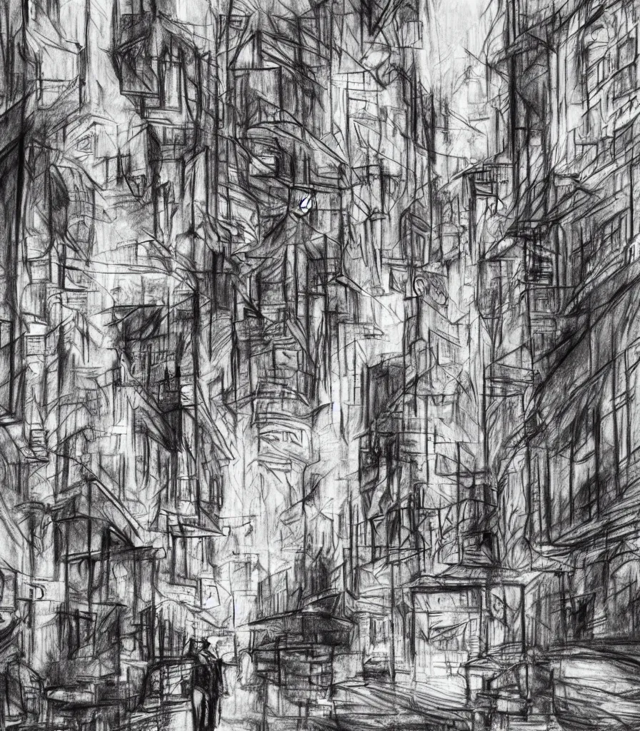Prompt: charcoal sketch cityscape concept sketch dreamy evocative breathtaking realistic detailed 4 k 8 k red signs