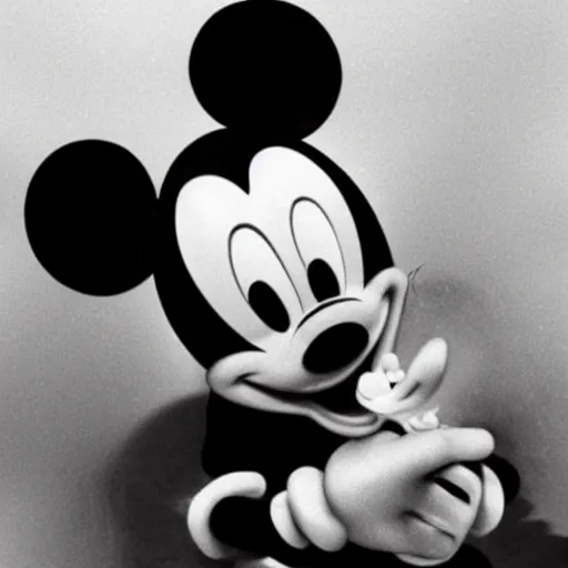 Image similar to mickey mouse eating a child, scary photograph, black and white photo