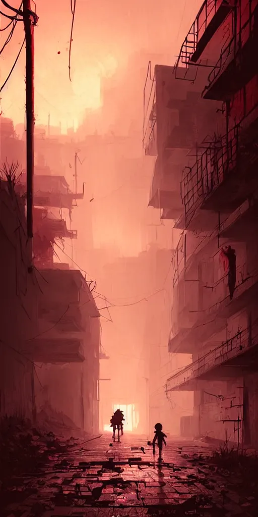 Prompt: abandoned apocalyptic old alley with a kid at the centre, epic red sunlight, perfect lightning, illustration by niko delort,