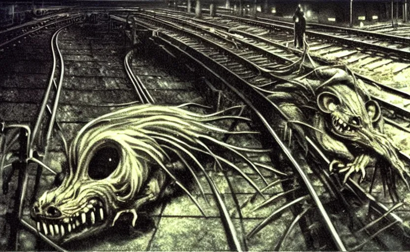 Image similar to very large giant mutant zombie irradiated ( angry rat ) staying on railways in tonnel of moscow subway. tonnel, railways, giant angry rat, furr, fangs, claws, very realistic. extreme long shot, wide angle, herman nitsch and herman nitsch, giger.