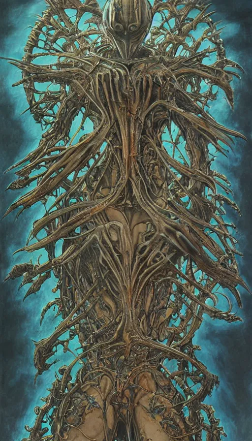 Image similar to Elden Ring and Guyver themed painting of symmetrical torso alien dissection anatomy with crossed hands concept, intricate artwork by H.R. Giger, Johnatan Wayshak, Zdizslaw Beksinski, Ayami Kojima, Amano, Karol Bak, Moebius, and Mark Brooks, Neo-Gothic, gothic, rich deep colors, art by Takato Yamamoto, masterpiece, face by Artgerm, very coherent artwork, cinematic, hyper realism, high detail, octane render, unreal engine, 8k, High contrast, golden ratio, trending on cgsociety