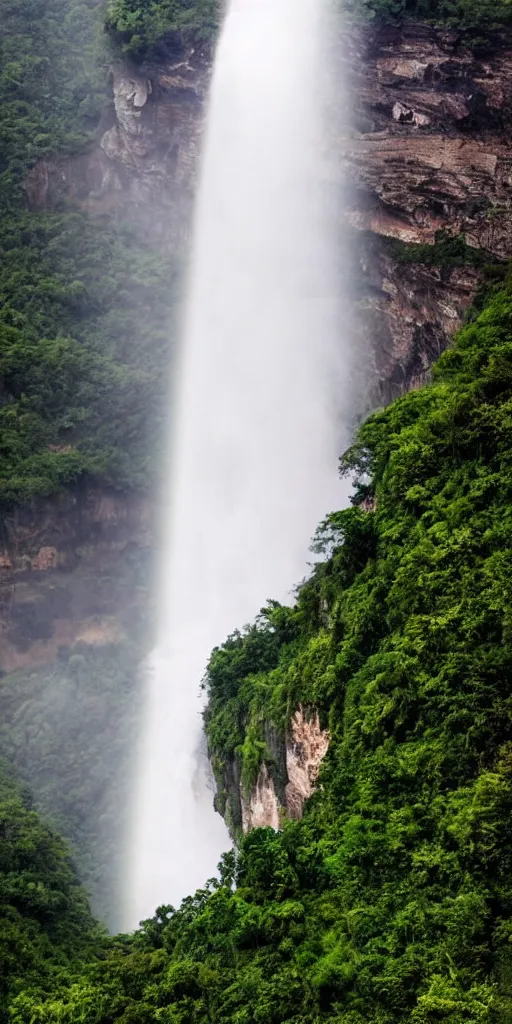 Image similar to A cloudy peak in southern China with one waterfall,in which rainbow can be seen in the middle of the waterfall. the style of National Geographic magazine