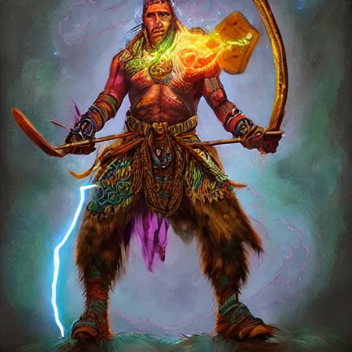 Image similar to shaman casting a lightning spell, d & d style, trending on artstation, colorful, intricate, art by kev chan