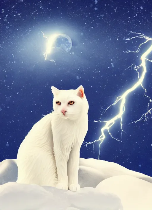 Image similar to giant white cat on a snowy mountain with lightning coming out of its paws, blue sky background with moon