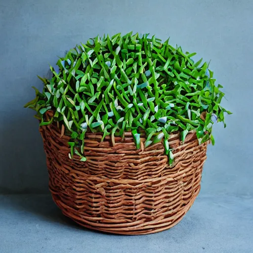 Prompt: a basket woven from green flower stems