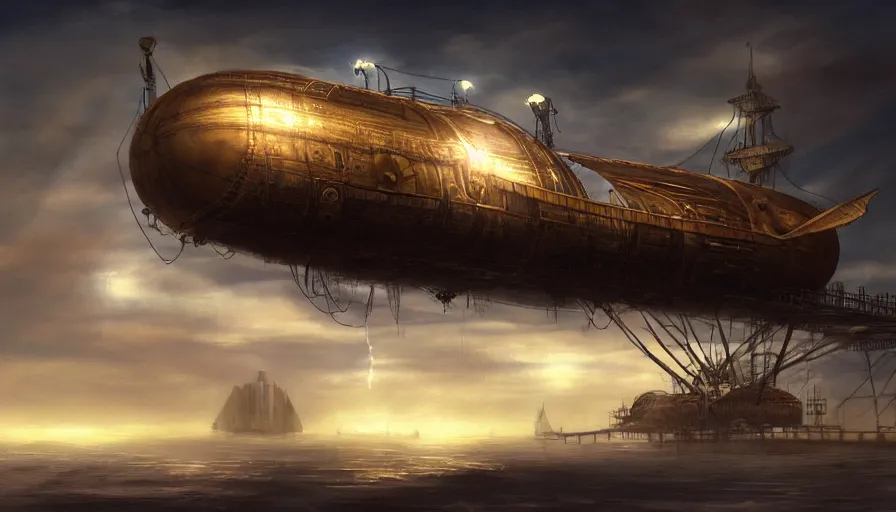 Prompt: a concept art of a steampunk airship exiting it's hanger to sail away in the morning sky, concept art, trending on artstation, steampunk, volumetric lightning