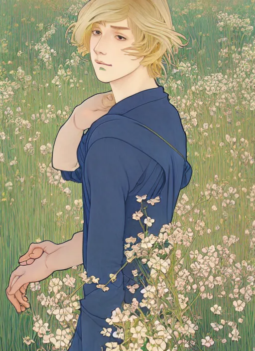 Image similar to book cover, pretty young man with shoulder length blond hair, male, half body shot, flower pattern background, path traced, highly detailed, high quality, digital painting, by studio ghibli and alphonse mucha, leesha hannigan, hidari, art nouveau, chiho aoshima, jules bastien - lepage