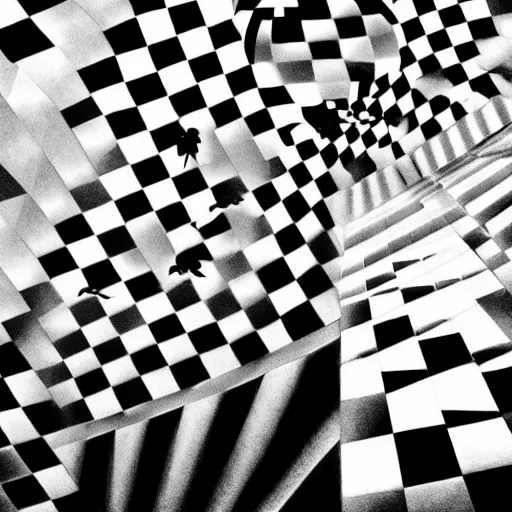 Image similar to A black and white freemasonic chequered surrealist digital painting of a stairway to into the clouds in the art style of jeff koons, Gilbert williams, Edwin Frederic Church and Christopher Balaskas, trending on artstation, 4k UHD