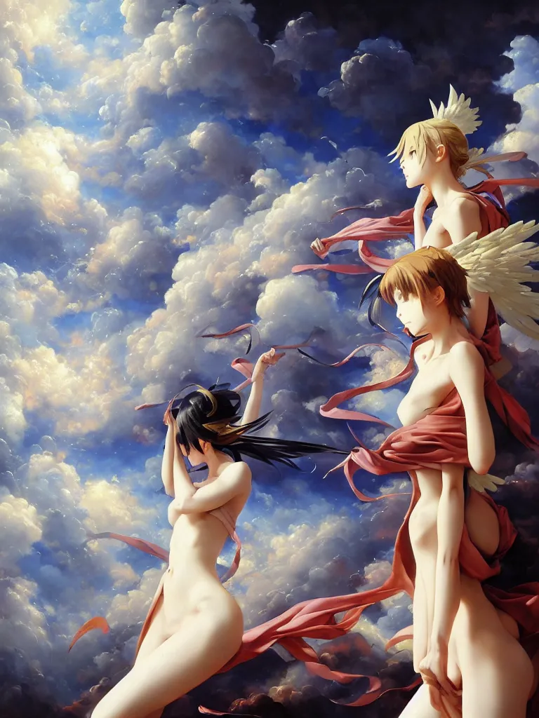 Image similar to baroque oil painting of key visual victoria secret angels, clouds, brutalist fantasy, rule of thirds golden ratio, fake detail, trending pixiv fanbox, acrylic palette knife, style of makoto shinkai takashi takeuchi yoshiyuki sadamoto