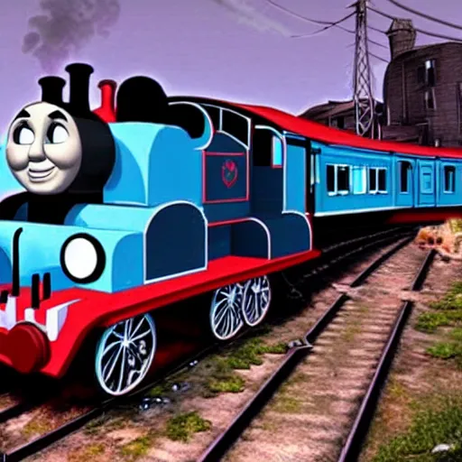 Image similar to thomas the tank engine in biopunk style