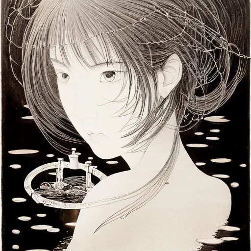 Prompt: prompt: Balck and white Fragile looking vessel portrait face drawn by Katsuhiro Otomo, beautiful girl in lake with shining face super detailed, nymph in the water performing alchemy, small flowers and cables and wire around and on the side with artifacts and ancient book, intricate oil painting, soft light, white background, intricate detail, intricate oil painting detail, sharp high detail, manga and anime 2000