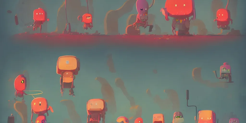 Image similar to kawaii monsters playing Atari by Goro Fujita and Simon Stalenhag , 8k, trending on artstation, hyper detailed, cinematic