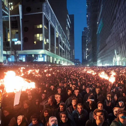 Prompt: 4 k wide angle gigantic army of mark zuckerberg robots during a protest with torch lighting at dusk