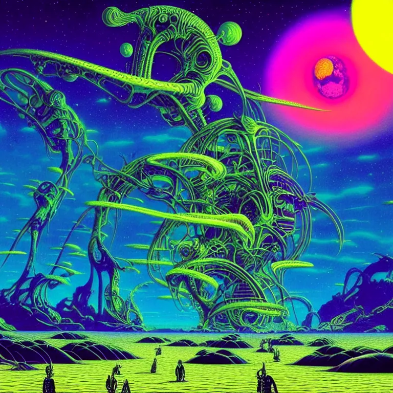 Image similar to beautiful aliens at cosmic beach, infinite waves, synthwave, bright neon colors, highly detailed, cinematic, tim white, roger dean, michael whelan, vladimir kush, jim burns, bob eggleton, philippe druillet, kubrick, aubrey beardsley, alfred kelsner, boris vallejo