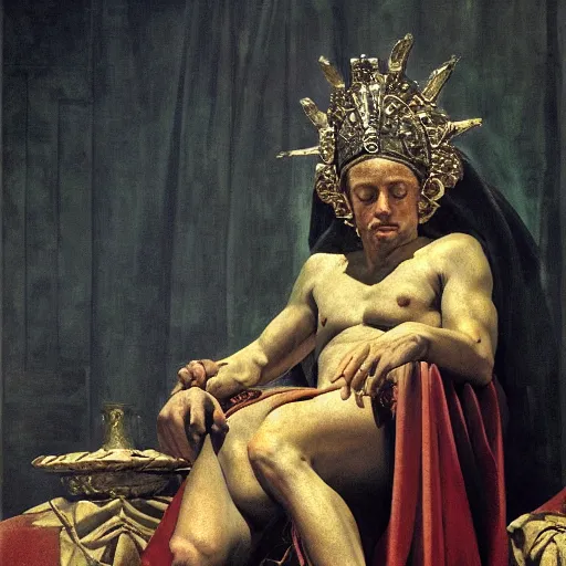 Prompt: Realistic painting of a roman emperor sitting on his throne in his palace dramatic lighting, high-detailed oil painting by Ilya Repin, William Blake, Michelangelo da Caravaggio, Alex Grey and Beksinski, masterpiece, 4k