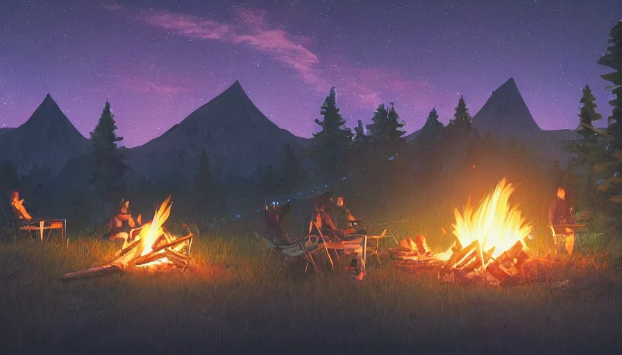 Image similar to survivor camp with campfire at night, guitar, tents, hill, mountains, forest, stars in the sky, hyperdetailed, artstation, cgsociety, 8 k