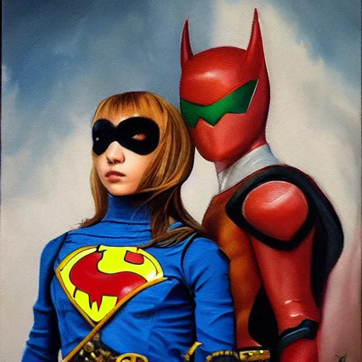 Image similar to a realistic painting by Raffaello Sanzi depicting the Kamen Rider with the head BatGirl in the Renaissance,smooth,Sharp focus, trending on Artstation.