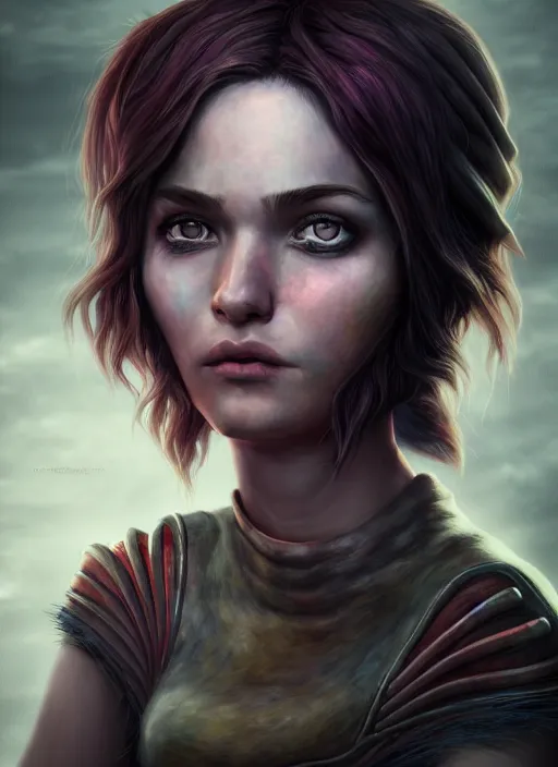 Image similar to an epic fantasy comic book style portrait painting of a girl with short straggly hair, low lethargic insouciance voice with a drawl wearing a ragged dress, unreal 5, daz, hyperrealistic, octane render, cosplay, rpg portrait, dynamic lighting