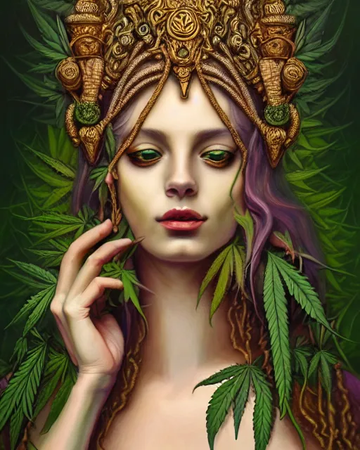 Image similar to portrait of beautiful cannabis goddess, enigmatic beauty, esoteric, muted colors, head in focus, fantasy art, ornamental aesthetics, intricate, elegant, highly detailed hyperrealistic painting, artstation, concept art, painterly, sharp focus, illustration, art by lois royoi