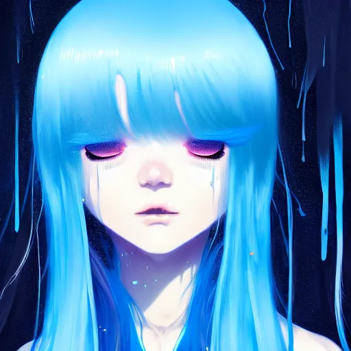 Image similar to blue slime swirling around rimuru tempest crying, enveloped in ghosts, sky blue straight hair, bangs, with amber eyes, black jacket, high collar, ultra fine detaile, dark theme, digital painting, psychedelic, cinematic, wlop, pixiv, ilya kuvshinov, ross tran