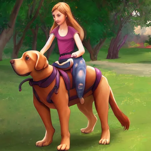 Image similar to girl riding a giant dog in the park, trending on artstation