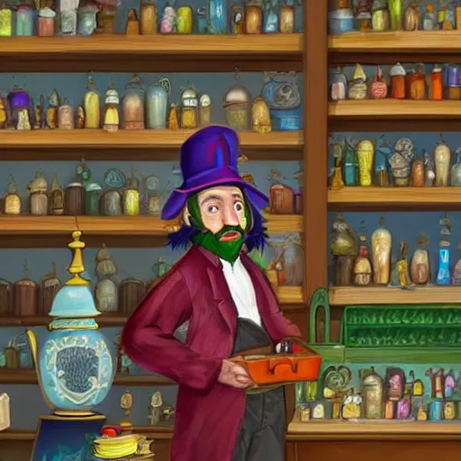 Image similar to Digital art of Anthropomorphized parrot trader in his shop, shelves full, selling a gem, portrait, items, magic potions, carpet, window, fancy funny hat, sly expression , cunning expression, cute expression, presenting magic gem, D&D, fantasy, cinematic lighting, highly detailed, digital painting, artstation, concept art, smooth, sharp focus, illustration, warm light, cozy warm tint, magic the gathering artwork, volumetric lighting, 8k, no gold, no gold colours, art by Akihiko Yoshida and Greg Rutkowski