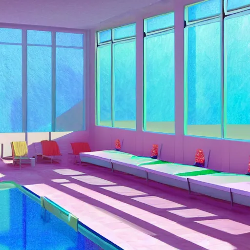 Image similar to A sunlit indoor lounge area with a pool with clear water and another pool with translucent pastel pink water, next to a big window, digital art