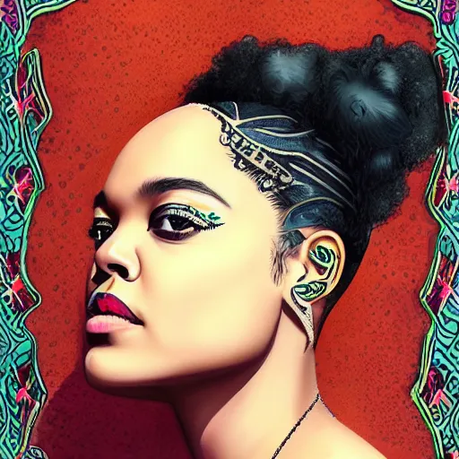 Image similar to A portrait of Tessa Thompson with exotic, intricate face tattoos , beautiful!!! digital art