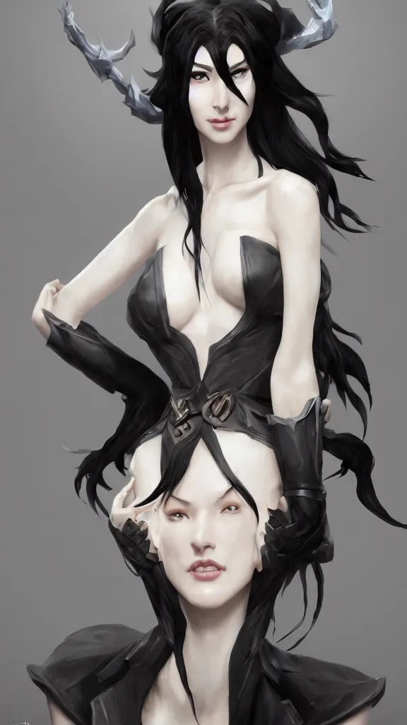 Prompt: tall woman with black hair and pale skin, from league of legends, as human, au naturel, hyper detailed, digital art, trending in artstation, cinematic lighting, studio quality, smooth render, unreal engine 5 rendered, octane rendered, art style by klimt and nixeu and ian sprigger and wlop and krenz cushart!