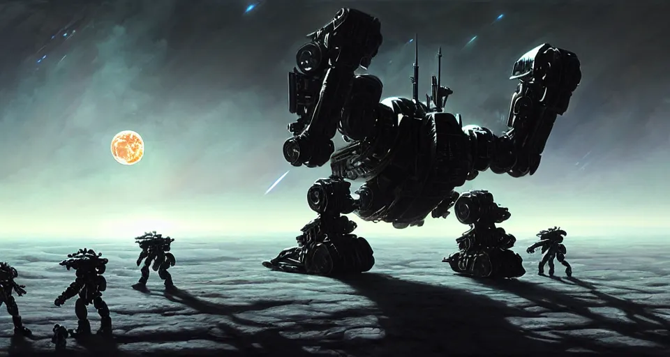 Image similar to hyper realistic sci - fi matte concept art painting of epic cinematic battle between humanoid battlemechs fighting on the moon, guns, missiles, explosions, beautiful details, strong composition painted by kim jung guweta studio rutkowski, james gurney and greg rutkowski, and lucasfilm, smooth, intricate, detailed, sharp focus, cinematic