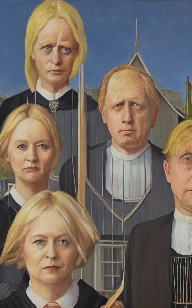 Image similar to boris johnson and liz truss standing together painting in the style of american gothic frant wood, hyper real ,