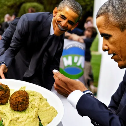 Image similar to Messi and Obama eat hummus and falafel