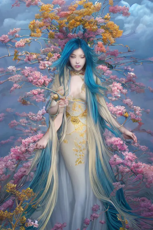 Image similar to breathtaking detailed painting by pilyeon and yuumei art of a full shot queen with long flowing bright blue hair, long dress and pastel flowers petals and golden tumultuous clouds, symmetrical facial features, at dawn in front of a pristine golden art nouveau cathedral, elegant, volumetric lighting, highly detailed, artstation, concept art, matte, sharp focus,