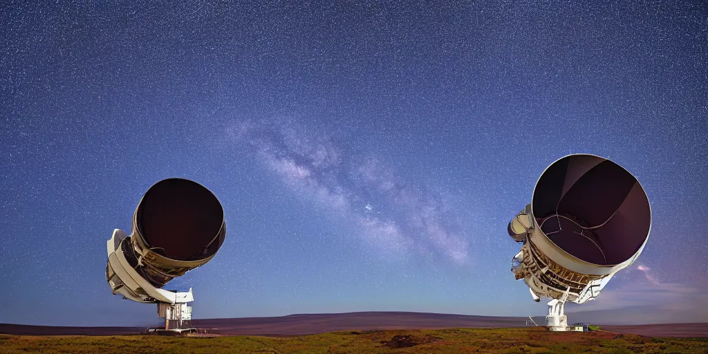 Prompt: huge telescope on mauna kea, starry sky in background, blue color scheme, wide - angle lens, by hiroshi yoshida