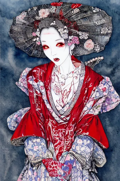 Image similar to watercolor painting of an avant - garde japanese bjd geisha vampire queen in a victorian lolita fashion red dress in the style of lovecraftian horror painted by yoshitaka amano, takato yamamoto, ayami kojima, dmt art, symmetrical vogue face portrait, intricate detail, artstation, cgsociety, artgerm, rococo